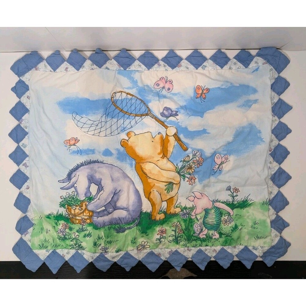 Vtg Classic Pooh Quilted Pillow Sham Blue Gingham Trim Disney Nursery Aesthetic